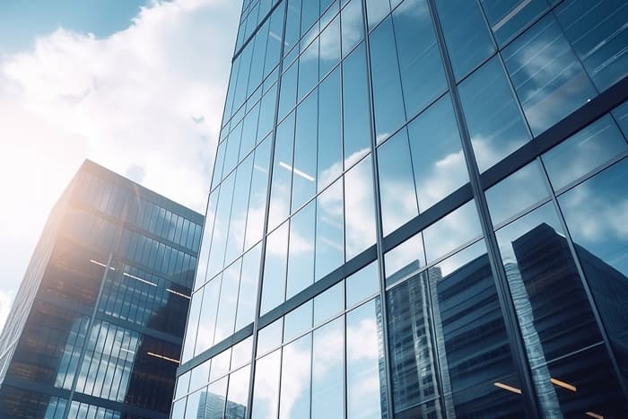 upwards shot of two large commercial buildings