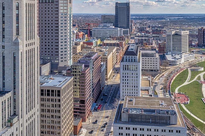 city view with many commercial office buildings