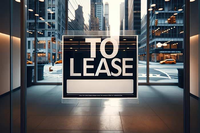 to lease sign inside a commercial building