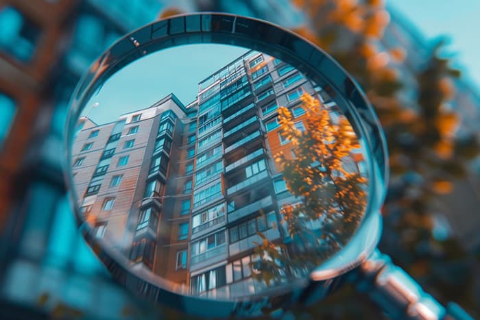 a magnifying glass with an office building shown through