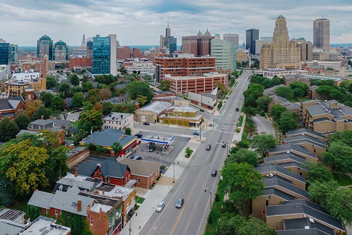 overview image of a city with many commercial buildings