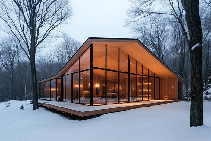 outside looking into an office in the winter time