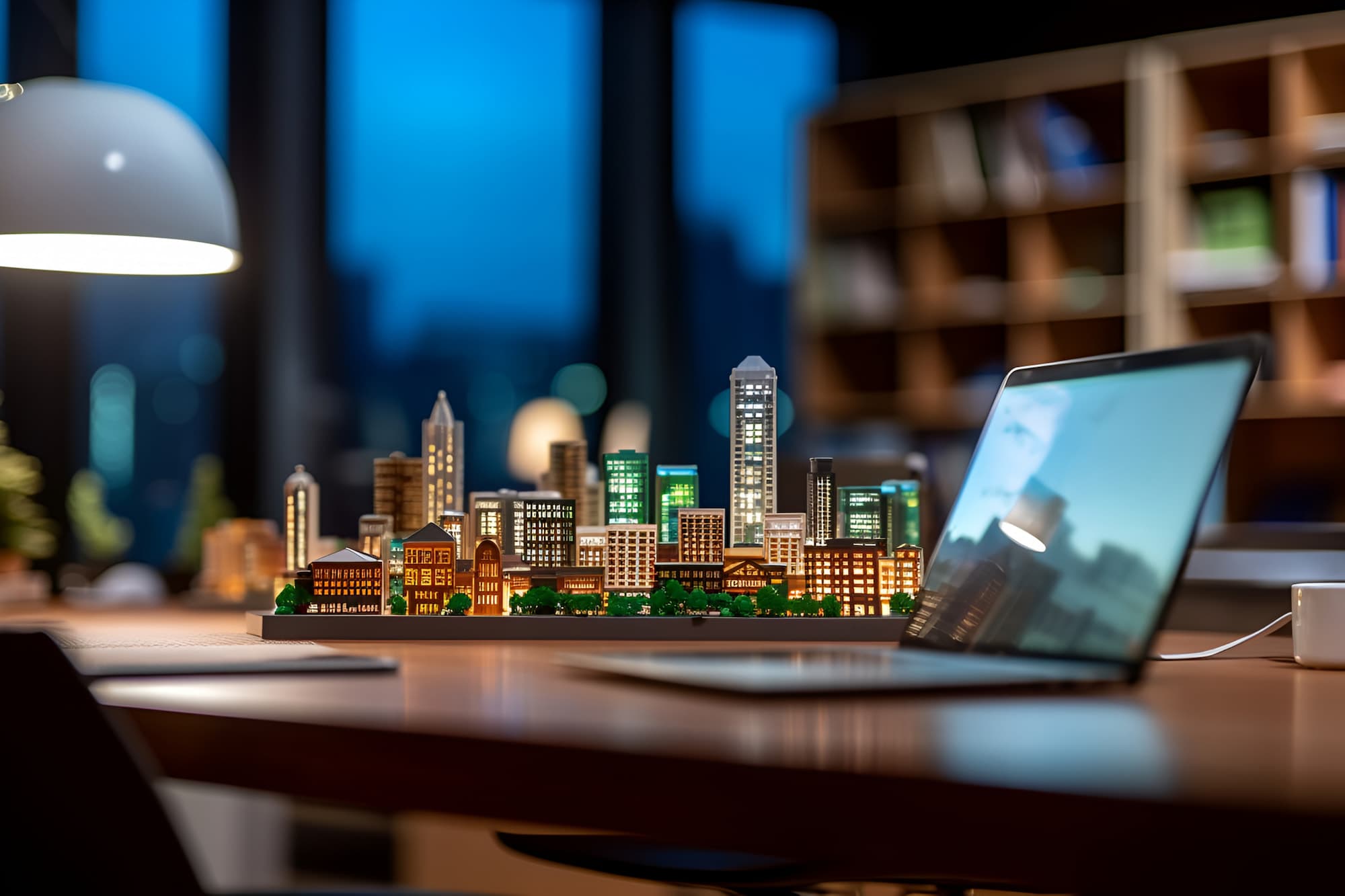 Desk with a laptop and a visual of commercial buildings in the background