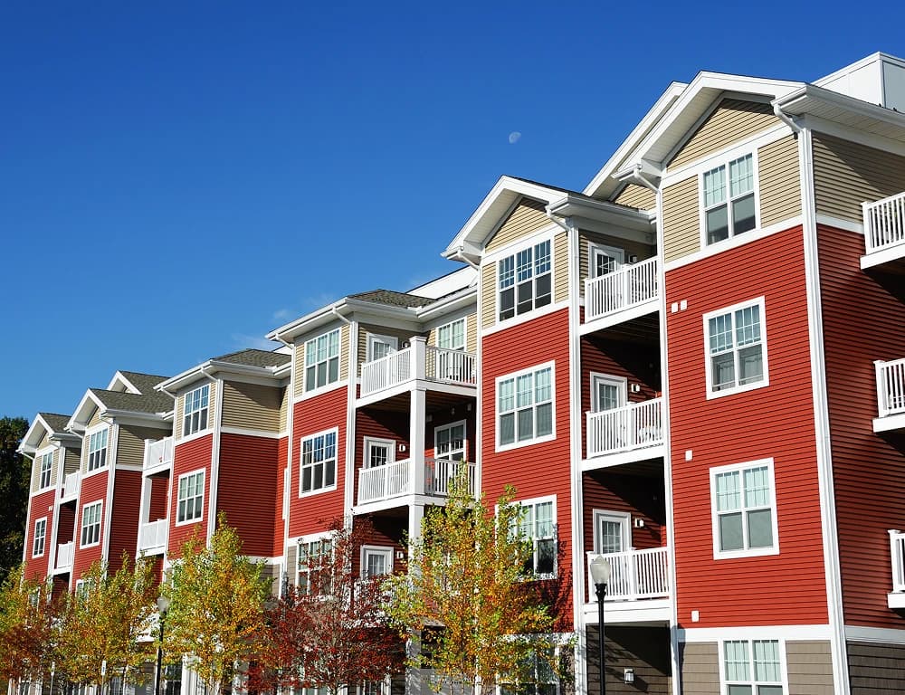 Exterior view of a modern apartment building with balconies
