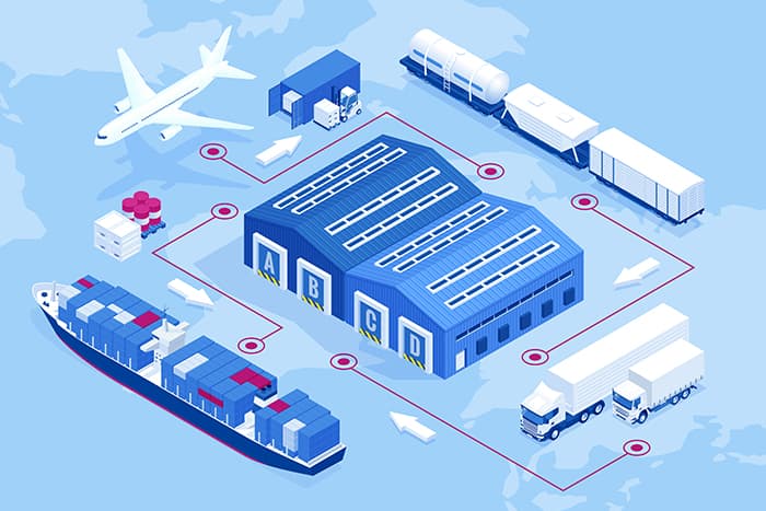 Graphic description supply chain with transportation and warehouses