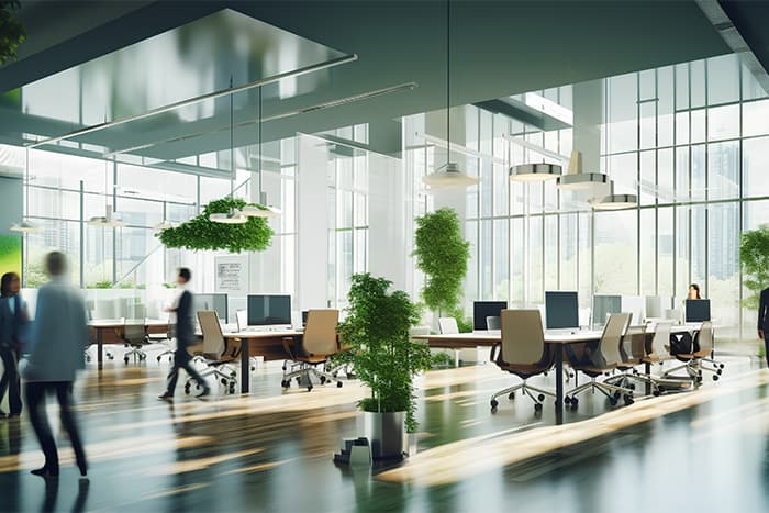 Inside an office space with many working stations