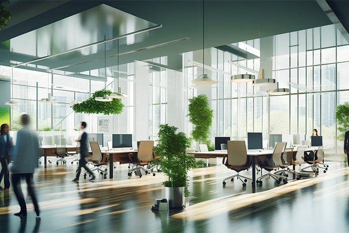 Concept of a green office space, captured with a blurred effect to highlight the serene and peaceful environment