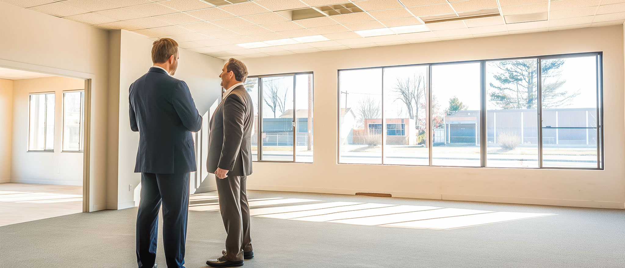 A male real estate agent shows an empty office space to a potential buyer or tenant.